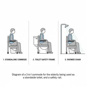 Diagram of versatile 3-in-1 commodes for the elderly being used as a standalone toilet and safety rail.