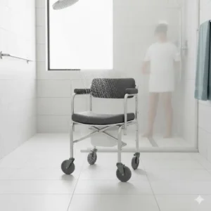 A waterproof and rust-resistant commode chair with wheels being used inside a walk-in shower.