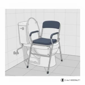 An illustration demonstrating the collapsible bedside commode being used as a raised toilet seat and safety frame.