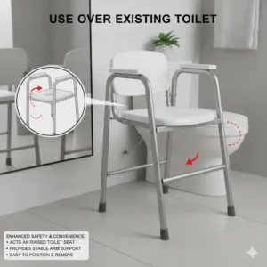 Illustration demonstrating how a collapsible commode frame can be used as a raised toilet seat and safety rail over a standard toilet.