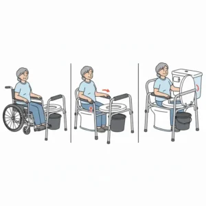 A drop-arm model of commodes for seniors to assist with safe lateral wheelchair transfers.