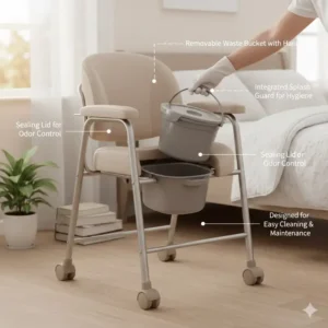 A portable potty chair for elderly featuring a removable waste bucket with a lid for easy cleaning.