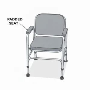 A wide view of the comfortable padded seat and armrests of a heavy duty bedside commode.