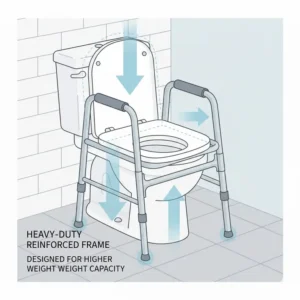 A reinforced steel frame bariatric toilet chair over toilet designed for high weight capacity.