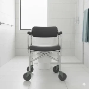 A mobile commode chair with wheels positioned conveniently over a standard home toilet.