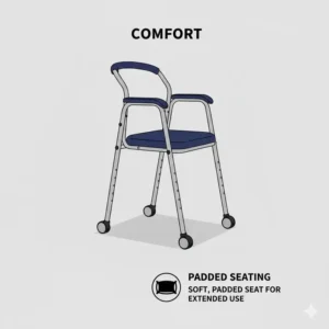 A soft, waterproof padded seat on a commode chair for elderly comfort during extended use.