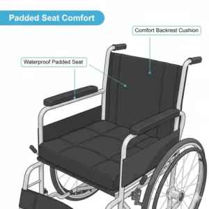 Close-up of the waterproof padded seat and ergonomic backrest of this professional wheelchair commode
