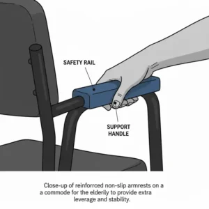Close-up of reinforced non-slip armrests on commodes for the elderly to provide extra leverage and stability.
