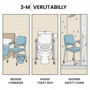 A diagram showing the multiple uses of a 3-in-1 portable toilet chair for elderly at home.