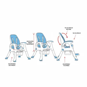 Diagram showing the multi-level height adjustment features of a potty chair for handicap individuals.
