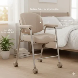 Safe bedside placement of a portable potty chair for elderly to assist with nighttime mobility.