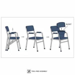 Step-by-step graphic showing the tool-free assembly of a portable collapsible bedside commode.