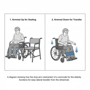 A drop-arm commodes for the elderly showing how the side rail lowers for easy lateral transfer from a wheelchair.