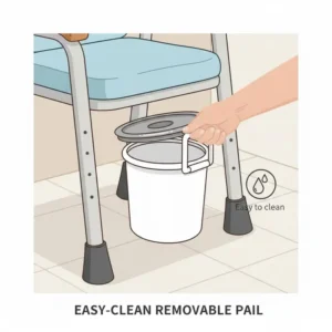 Illustration of the removable and easy-to-clean waste pail of a portable toilet chair for elderly.