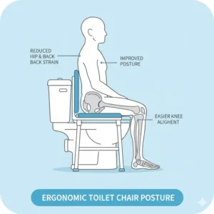 Diagram showing the ergonomic benefits and proper sitting posture of toilet chairs for elderly.