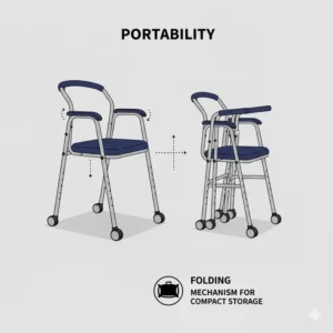 An illustration of a folding commode chair for elderly individuals showing how it collapses for compact storage and travel.