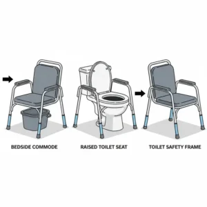 Diagram showing a heavy duty bedside commode used as a raised toilet seat and toilet safety frame.