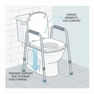 Side view of ergonomic padded armrests on a sturdy toilet chair over toilet.