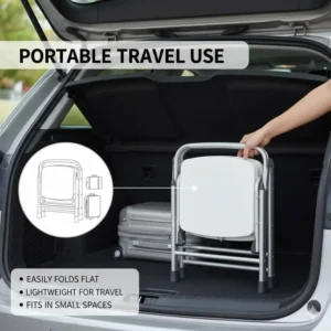 Illustration of a folded collapsible commode fitting easily into a car trunk, highlighting its portability for travel.
