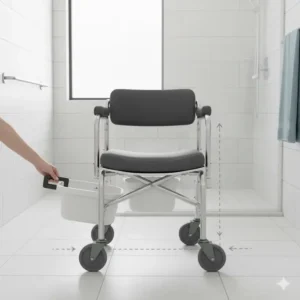 Detailed view of the easy-to-clean removable waste pail of a commode chair with wheels.