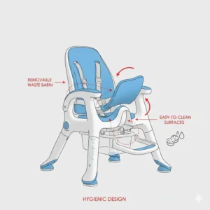 Illustration of a removable waste basin and easy-to-clean surfaces on a potty chair for handicap children.