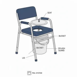Detailed view of the removable pail, lid, and splash guard included with the collapsible bedside commode.