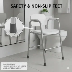Detailed view of the non-slip rubber tips on the legs of a collapsible commode to prevent sliding on wet bathroom floors.