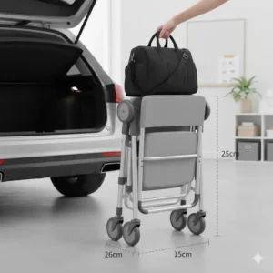 A compact and foldable commode chair with wheels designed for easy storage and travel.