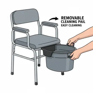 Illustration of a heavy duty bedside commode with a removable pail for easy cleaning and hygiene.