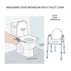 Diagram showing the dimensions and clearance needed for a toilet chair over toilet.