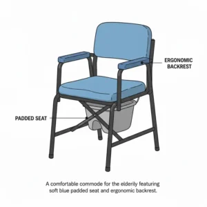 A comfortable commodes for the elderly featuring a soft blue padded seat and ergonomic backrest.