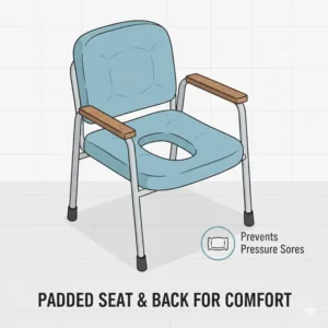 Close-up of the soft padded seat and backrest on a comfortable portable toilet chair for elderly.