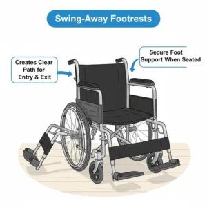 Features of the adjustable swing-away footrests designed for a safe and mobile wheelchair commode.