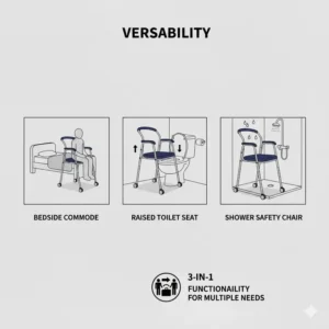 A 3-in-1 commode chair for elderly seniors being used as a bedside commode, a raised toilet seat, and a shower safety chair.