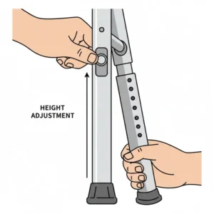Close-up of the push-button height adjustment feature on commodes for seniors.