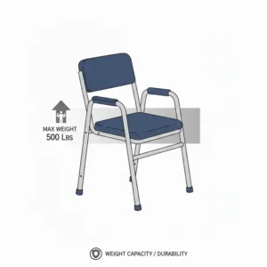 Illustration emphasizing the durable steel frame and heavy-duty weight capacity of a collapsible bedside commode.