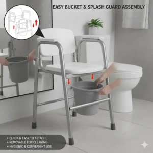 Illustration showing how to properly attach the removable bucket and splash guard to the collapsible commode frame.