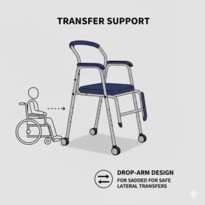 A drop-arm commode chair for elderly users designed to facilitate safe lateral transfers from a wheelchair or bed.