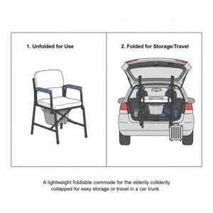 A lightweight foldable commodes for the elderly collapsed for easy storage or travel in a car trunk.