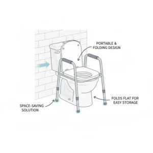A compact and portable folding toilet chair over toilet being stored in a small bathroom.