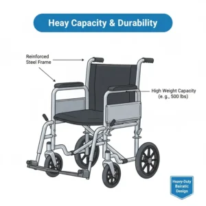 Technical drawing of a heavy-duty bariatric wheelchair commode with a reinforced steel frame