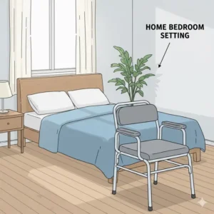 A heavy duty bedside commode placed in a home bedroom setting for elder care accessibility.