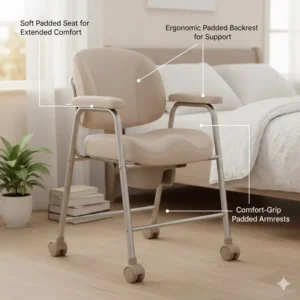 Soft padded seat and ergonomic backrest of a portable potty chair for elderly for maximum support.