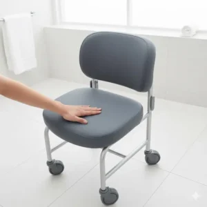 Top-down perspective showing the comfortable padded seat of a high-quality commode chair with wheels.