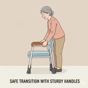 An elderly person using the sturdy handles of a portable toilet chair for elderly for a safe transition.