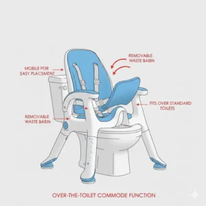 Illustration showing a mobile potty chair for handicap users positioned over a standard household toilet.