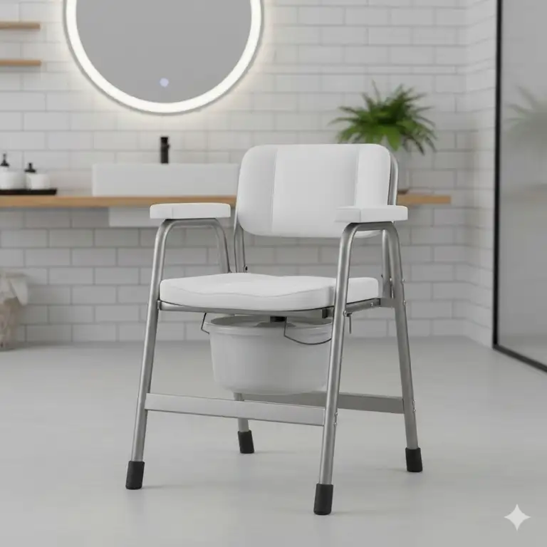 A high-quality foldable commode chair with a padded seat and armrests shown in a modern bathroom.