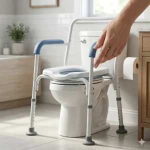 A premium height-adjustable over the toilet potty chair for adults placed in a modern bathroom.