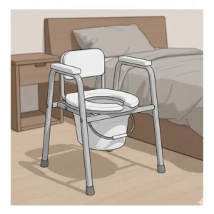A portable bedside commode chair with an integrated bucket, designed as a convenient toilet chairs for disabled users with limited mobility.