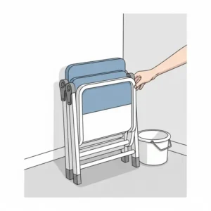 A demonstration of the foldable commode being collapsed into a flat position for easy storage.